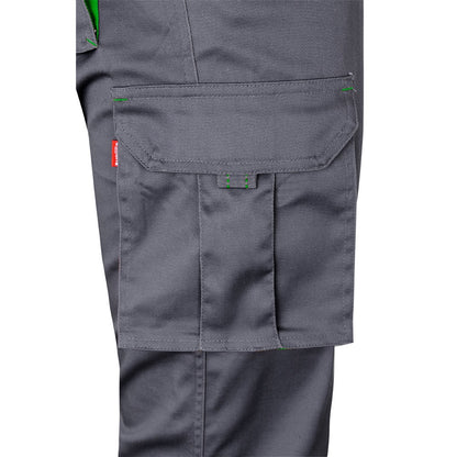 VL FIDES promotional workwear garment in grey / green (detail view) with custom logo branding