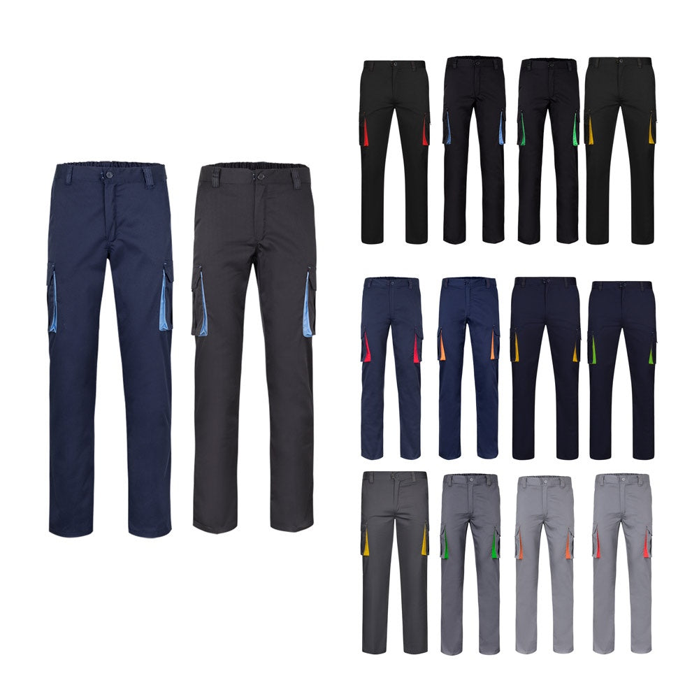 VL FIDES promotional workwear garment in navy blue / orange (complete set view) with custom logo branding