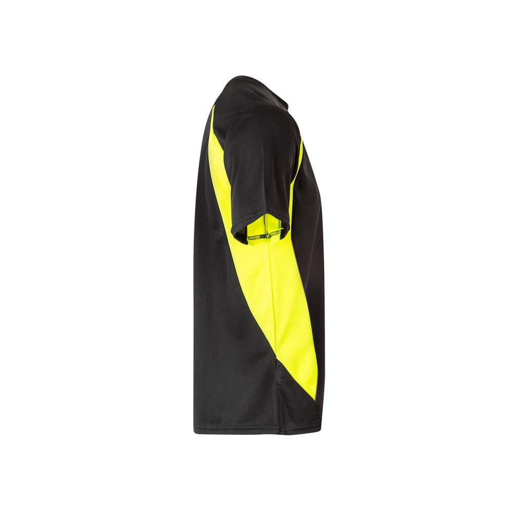 VL SLAYER promotional t-shirt in black/yellow (detail view) with custom logo branding