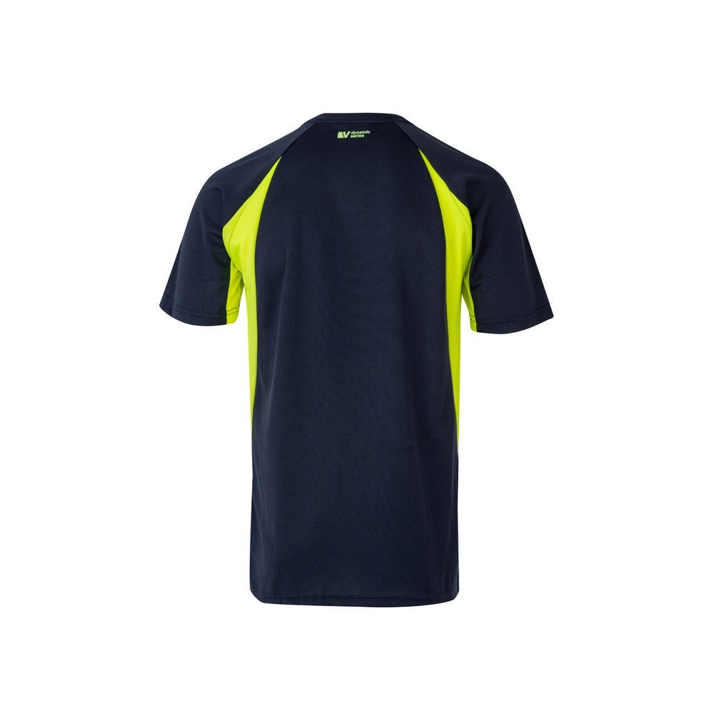 VL SLAYER promotional t-shirt in navy blue/yellow (detail view) with custom logo branding