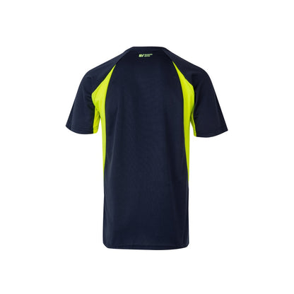 VL SLAYER promotional t-shirt in navy blue/yellow (detail view) with custom logo branding