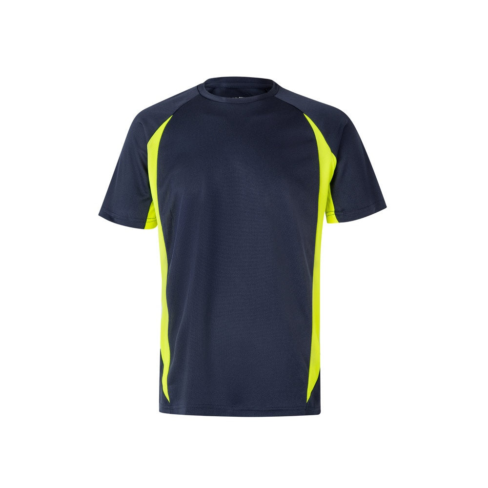 VL SLAYER promotional t-shirt in navy blue/yellow with custom logo branding