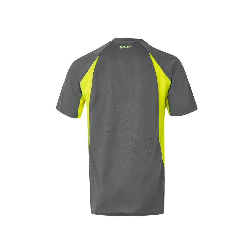 VL SLAYER promotional t-shirt in grey/yellow (detail view) with custom logo branding