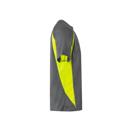 VL SLAYER promotional t-shirt in grey/yellow (detail view) with custom logo branding