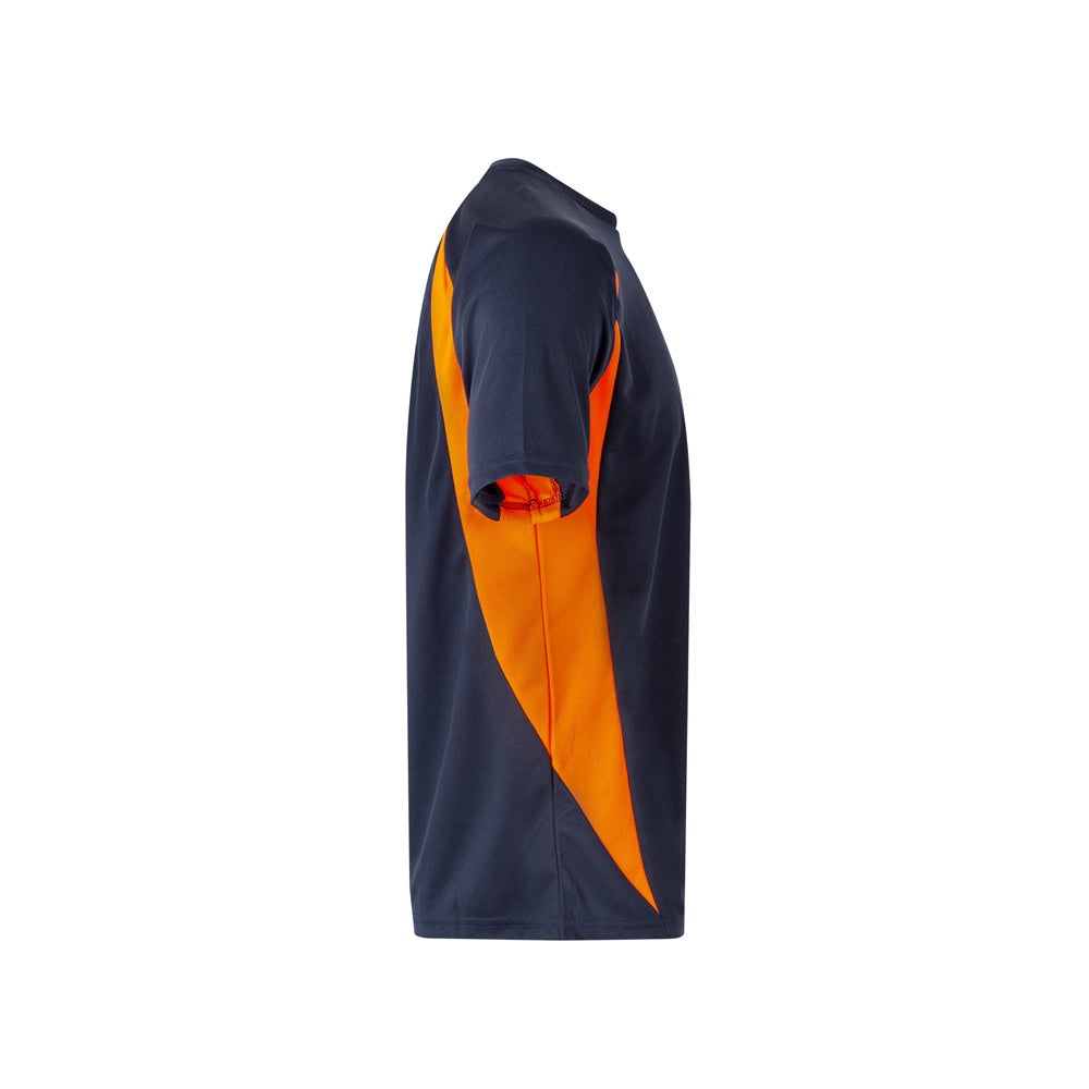 VL SLAYER promotional t-shirt in navy blue/orange (detail view) with custom logo branding