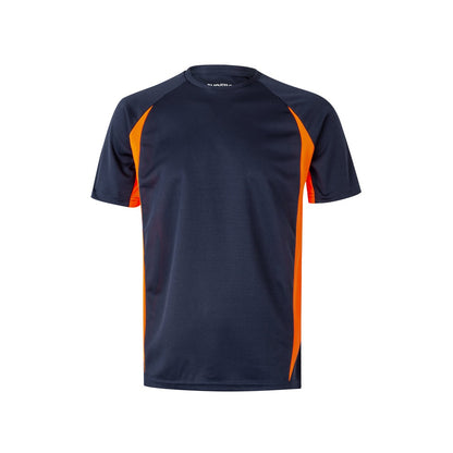 VL SLAYER promotional t-shirt in navy blue/orange with custom logo branding