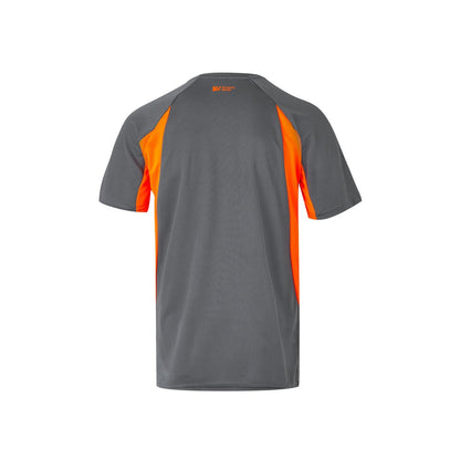 VL SLAYER promotional t-shirt in grey/orange (detail view) with custom logo branding