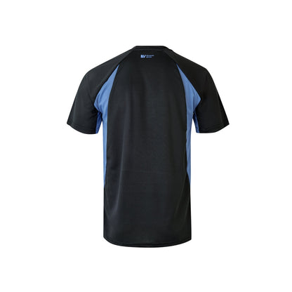 VL SLAYER promotional t-shirt in black/light blue (detail view) with custom logo branding