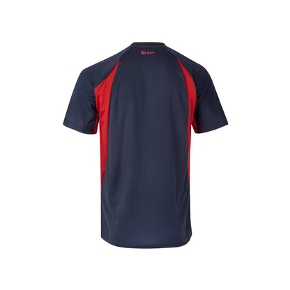 VL SLAYER promotional t-shirt in navy blue/red (detail view) with custom logo branding