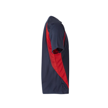 VL SLAYER promotional t-shirt in navy blue/red (detail view) with custom logo branding