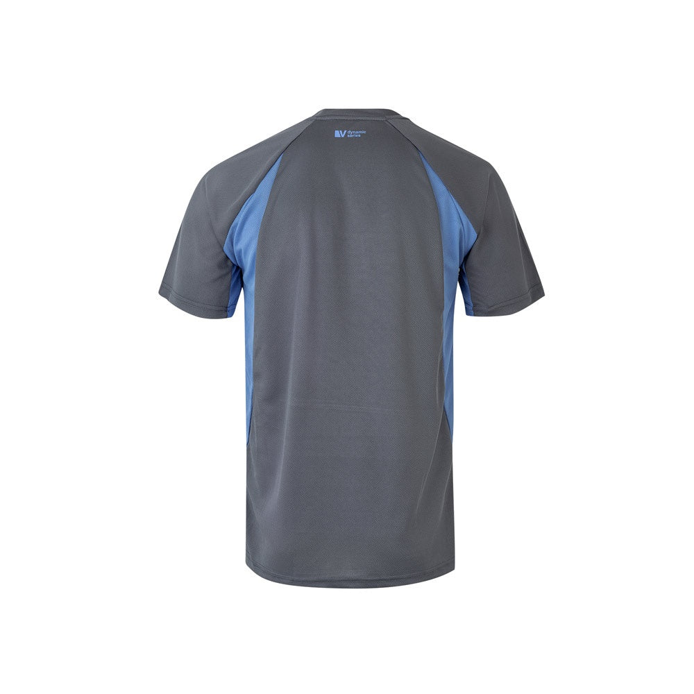 VL SLAYER promotional t-shirt in grey/light blue (detail view) with custom logo branding