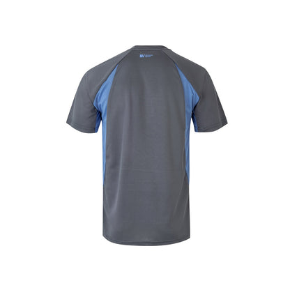 VL SLAYER promotional t-shirt in grey/light blue (detail view) with custom logo branding