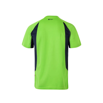 VL SLAYER promotional t-shirt in green/navy blue (detail view) with custom logo branding