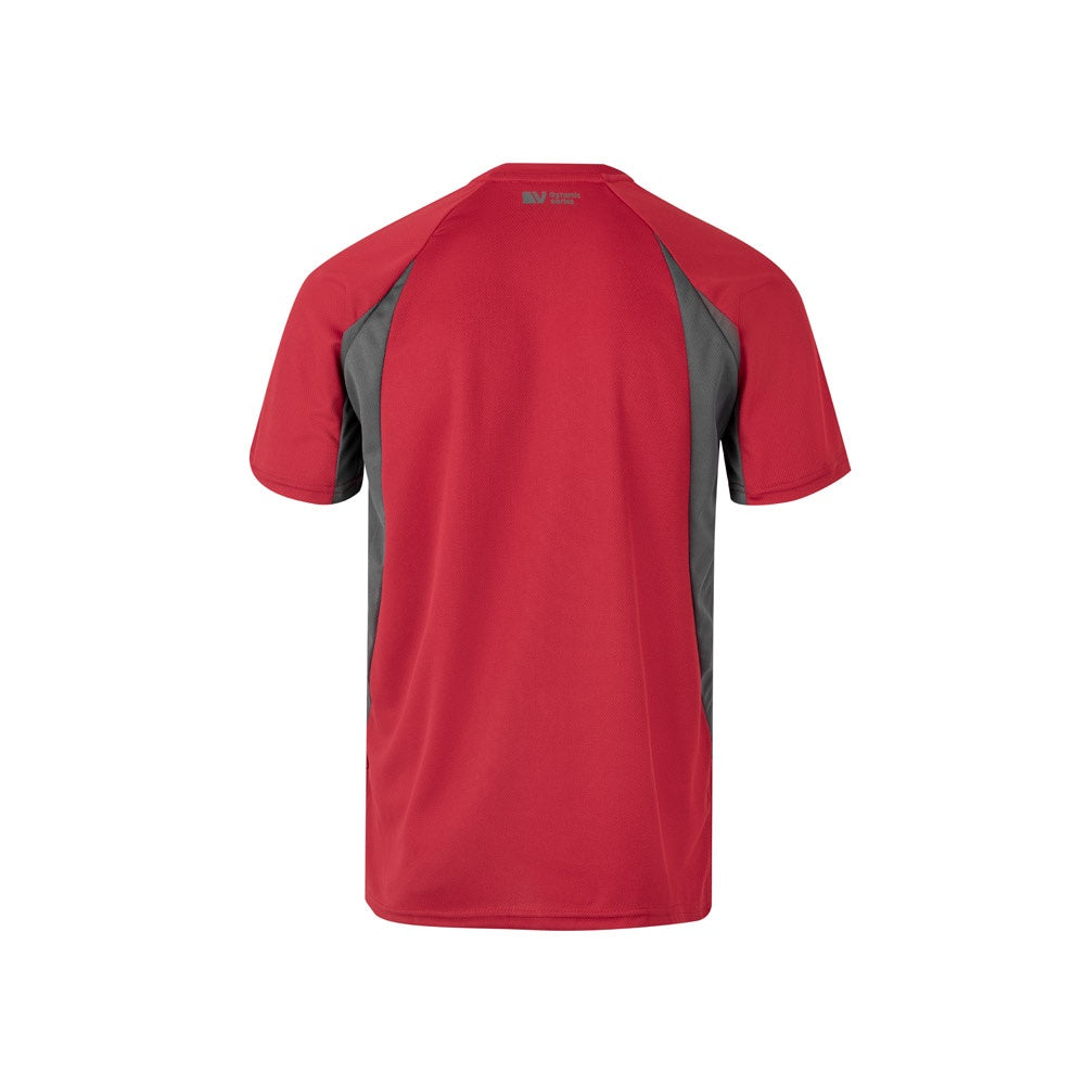VL SLAYER promotional t-shirt in red/grey (detail view) with custom logo branding