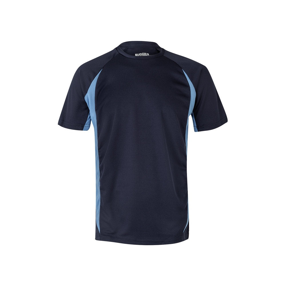 VL SLAYER promotional t-shirt in navy blue/light blue with custom logo branding