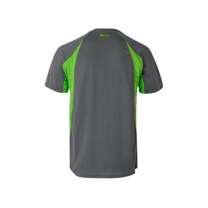 VL SLAYER promotional t-shirt in grey/green (detail view) with custom logo branding