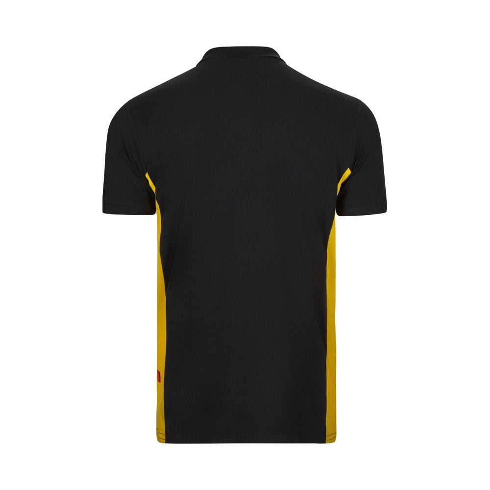 VL SUPAY promotional polo shirt in black / yellow (detail view) with custom logo branding