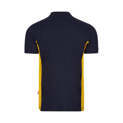 VL SUPAY promotional polo shirt in navy blue / yellow (detail view) with custom logo branding