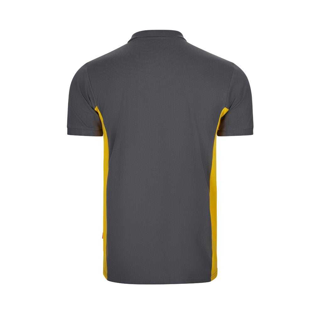 VL SUPAY promotional polo shirt in grey / yellow (detail view) with custom logo branding