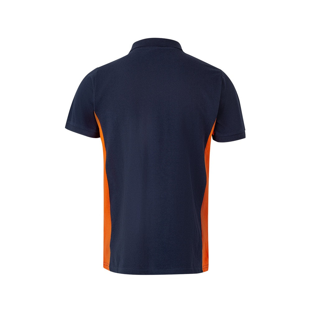 VL SUPAY promotional polo shirt in navy blue / orange (detail view) with custom logo branding