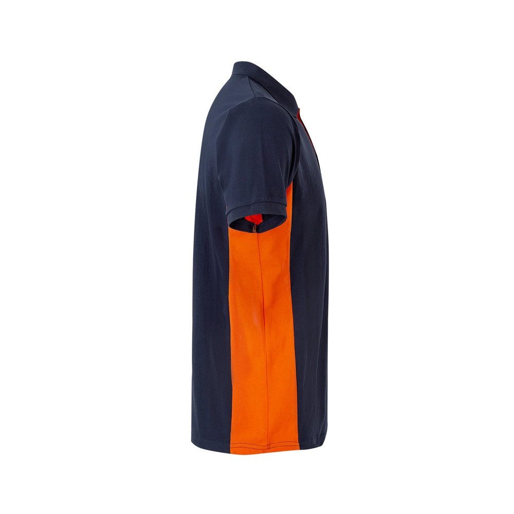 VL SUPAY promotional polo shirt in navy blue / orange (detail view) with custom logo branding