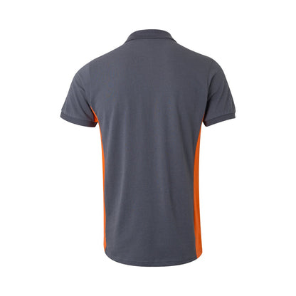VL SUPAY promotional polo shirt in grey / orange (detail view) with custom logo branding