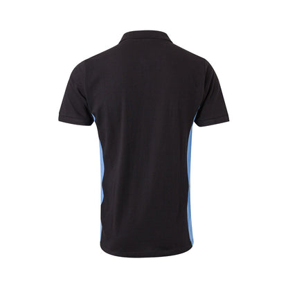 VL SUPAY promotional polo shirt in black / light blue (detail view) with custom logo branding