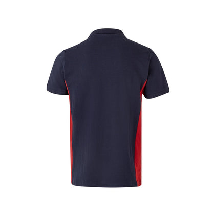 VL SUPAY promotional polo shirt in navy blue / red (detail view) with custom logo branding