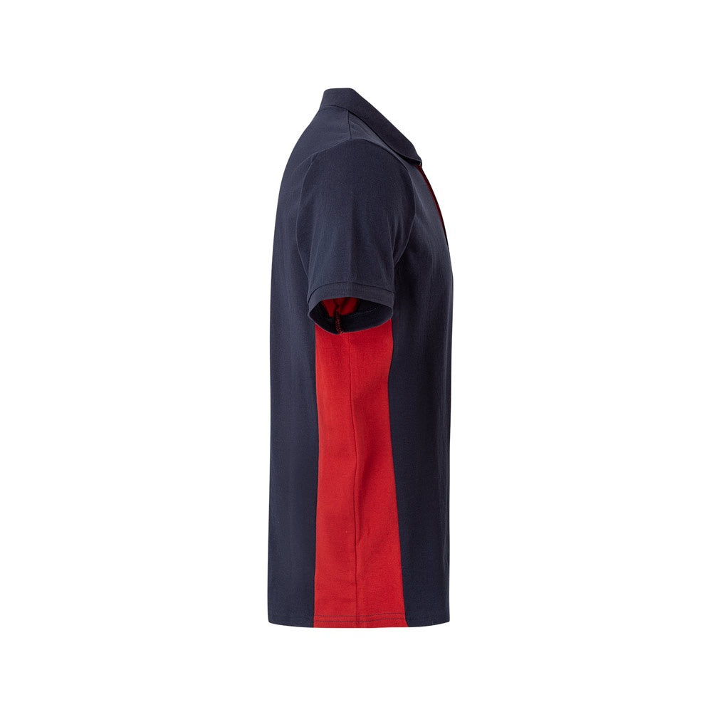 VL SUPAY promotional polo shirt in navy blue / red (detail view) with custom logo branding