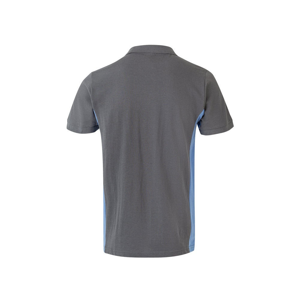 VL SUPAY promotional polo shirt in grey / light blue (detail view) with custom logo branding