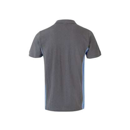 VL SUPAY promotional polo shirt in grey / light blue (detail view) with custom logo branding