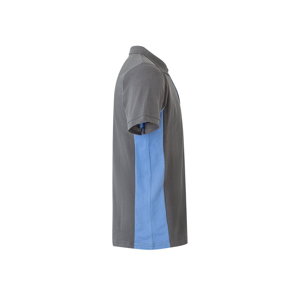 VL SUPAY promotional polo shirt in grey / light blue (detail view) with custom logo branding