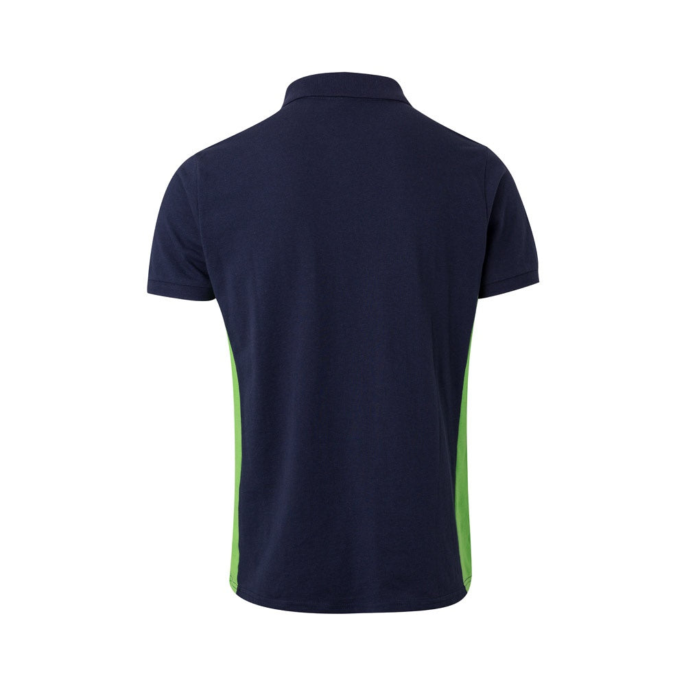VL SUPAY promotional polo shirt in navy blue / green (detail view) with custom logo branding