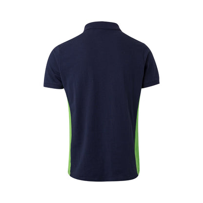 VL SUPAY promotional polo shirt in navy blue / green (detail view) with custom logo branding