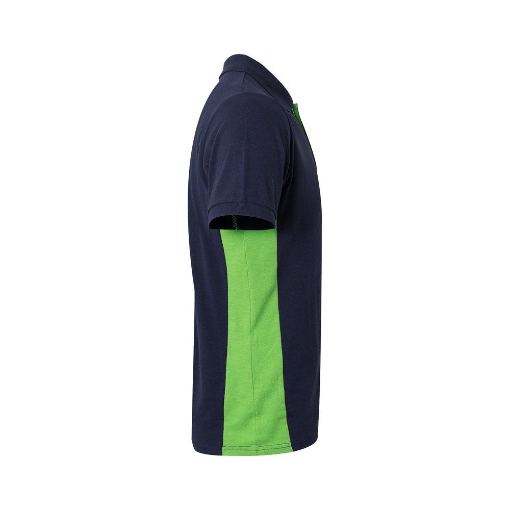 VL SUPAY promotional polo shirt in navy blue / green (detail view) with custom logo branding