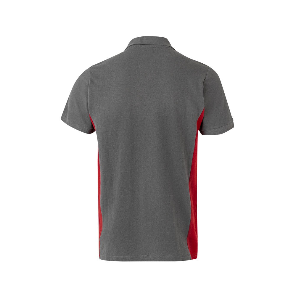 VL SUPAY promotional polo shirt in grey / red (detail view) with custom logo branding