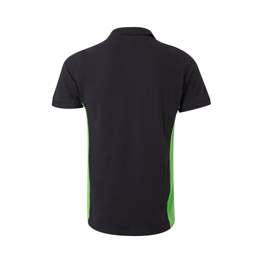 VL SUPAY promotional polo shirt in black / green (detail view) with custom logo branding