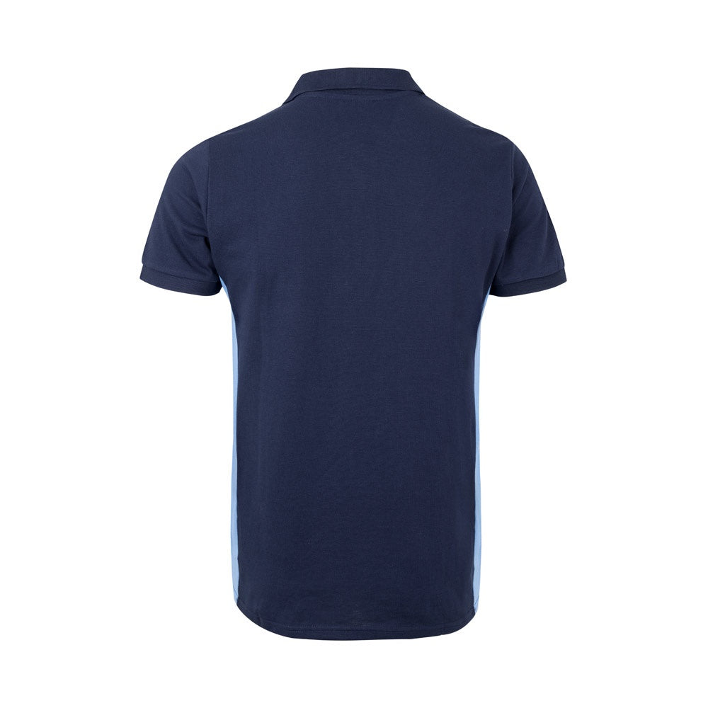 VL SUPAY promotional polo shirt in navy blue / light blue (detail view) with custom logo branding