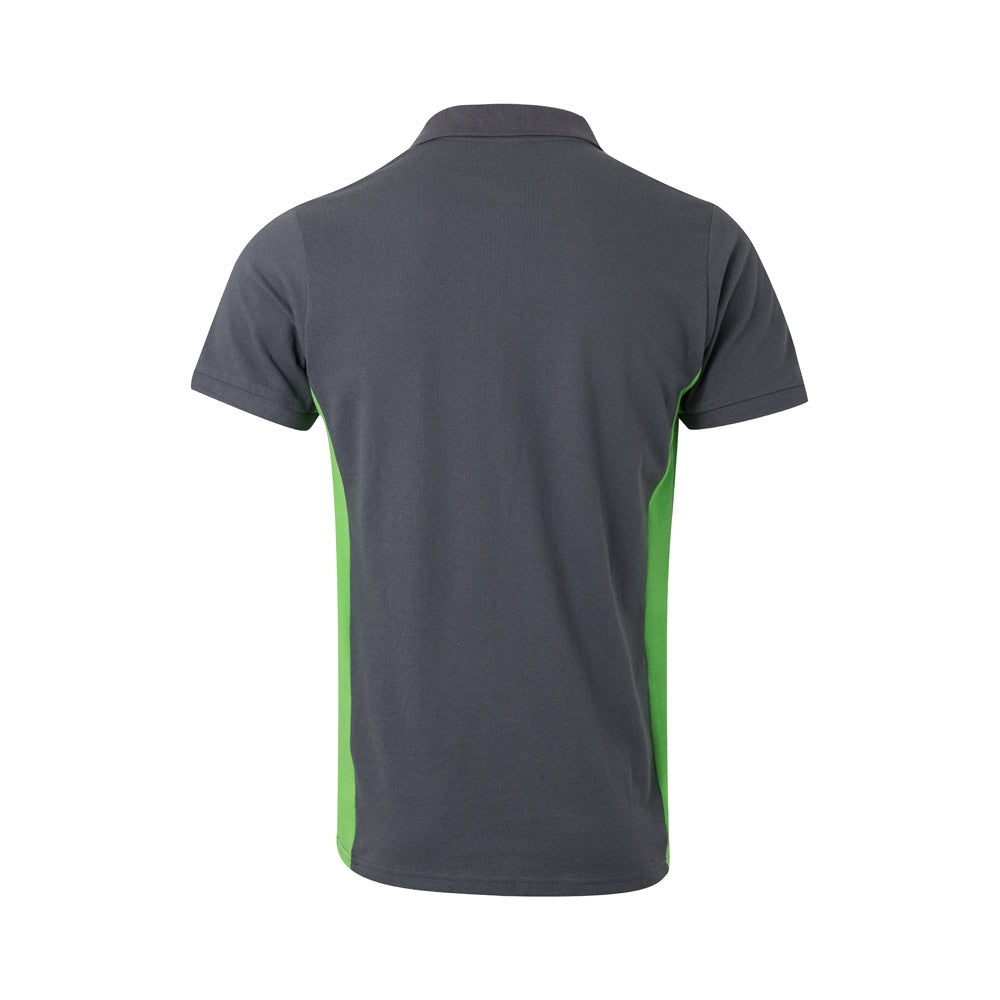 VL SUPAY promotional polo shirt in grey / green (detail view) with custom logo branding