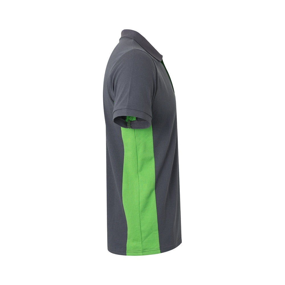 VL SUPAY promotional polo shirt in grey / green (detail view) with custom logo branding