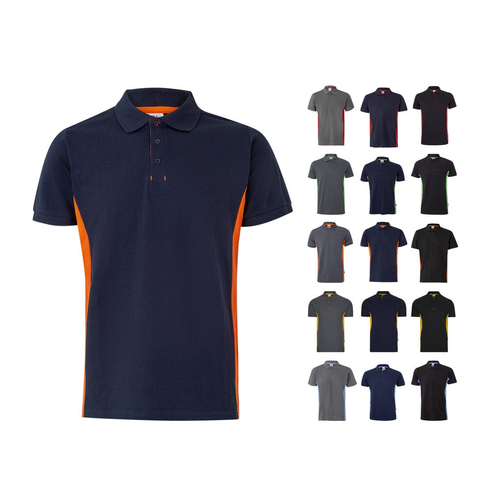 VL SUPAY promotional polo shirt in navy blue / yellow (complete set view) with custom logo branding