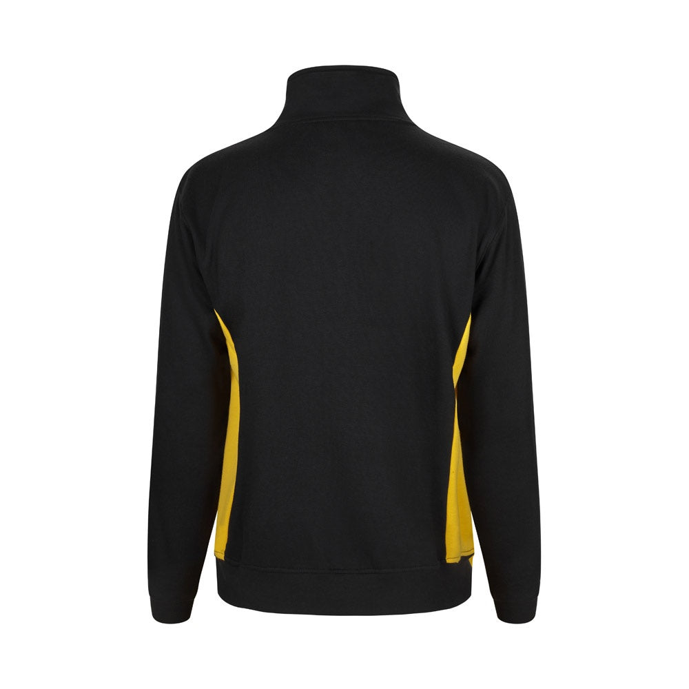 VL SVAROG promotional sweatshirt in black / yellow (detail view) with custom logo branding