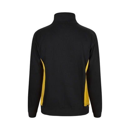 VL SVAROG promotional sweatshirt in black / yellow (detail view) with custom logo branding