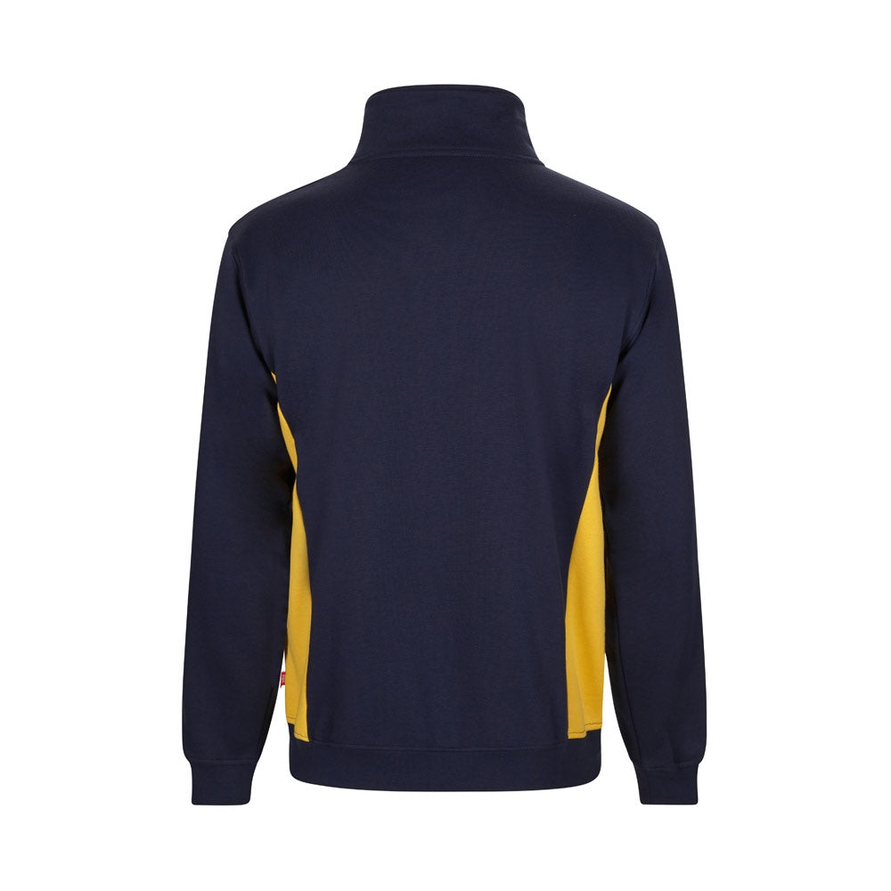 VL SVAROG promotional sweatshirt in navy blue / yellow (detail view) with custom logo branding