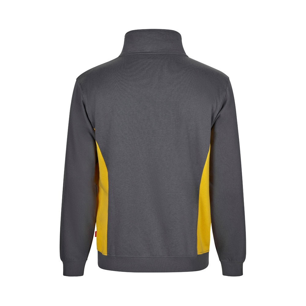 VL SVAROG promotional sweatshirt in grey / yellow (detail view) with custom logo branding