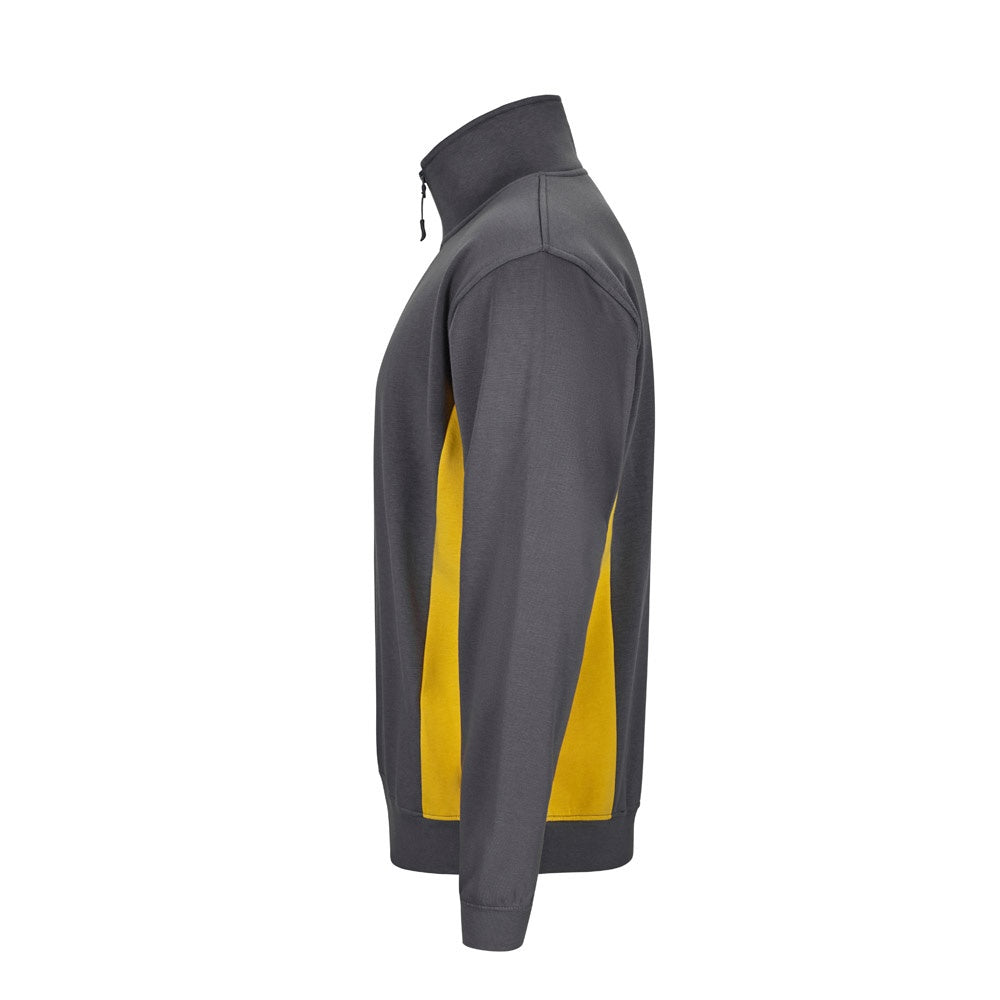 VL SVAROG promotional sweatshirt in grey / yellow (detail view) with custom logo branding