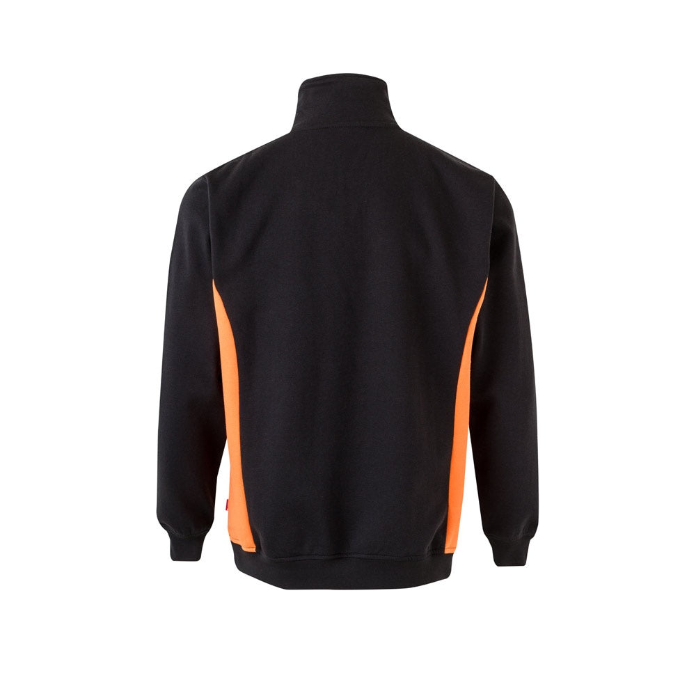 VL SVAROG promotional sweatshirt in black / orange (detail view) with custom logo branding
