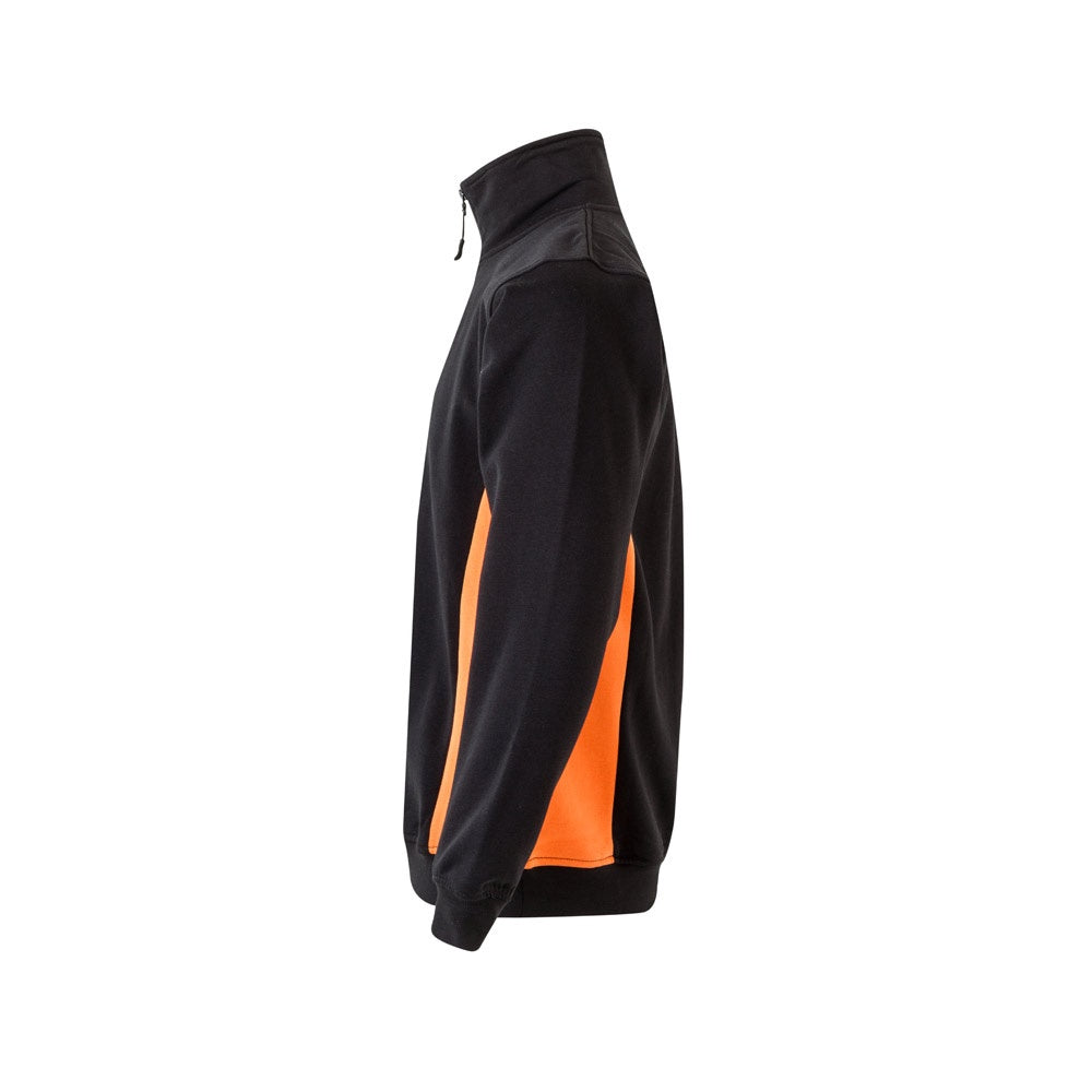 VL SVAROG promotional sweatshirt in black / orange (detail view) with custom logo branding
