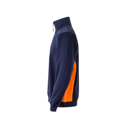VL SVAROG promotional sweatshirt in navy blue / orange (detail view) with custom logo branding