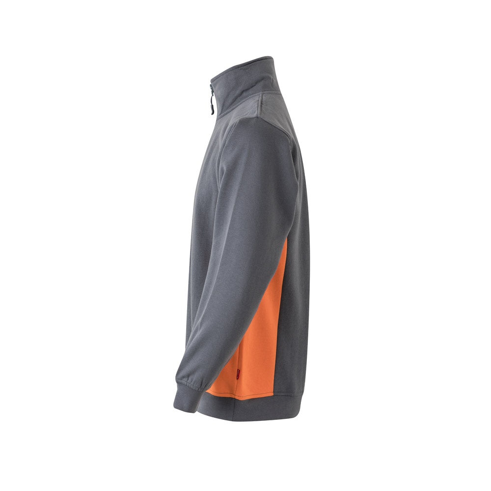 VL SVAROG promotional sweatshirt in grey / orange (detail view) with custom logo branding